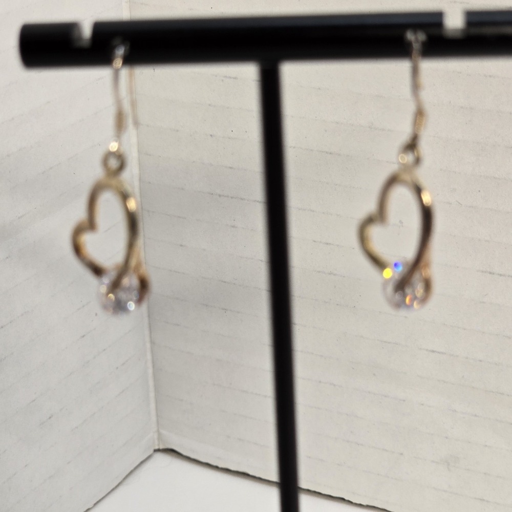 Gold Tone Open Heart Dangle Earrings Clear Crystal Cubic Zirconia Fishhook